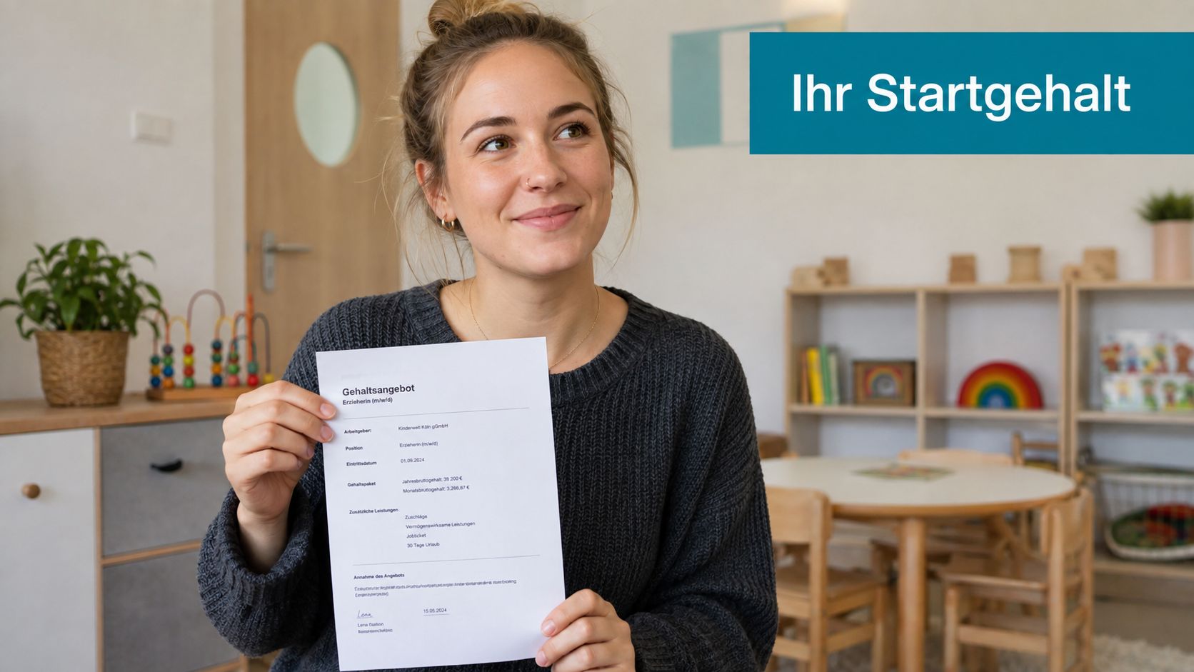 Eine lächelnde junge Frau hält ein formelles Gehaltsangebot als Erzieherin in einem Kindergarten in die Kamera.