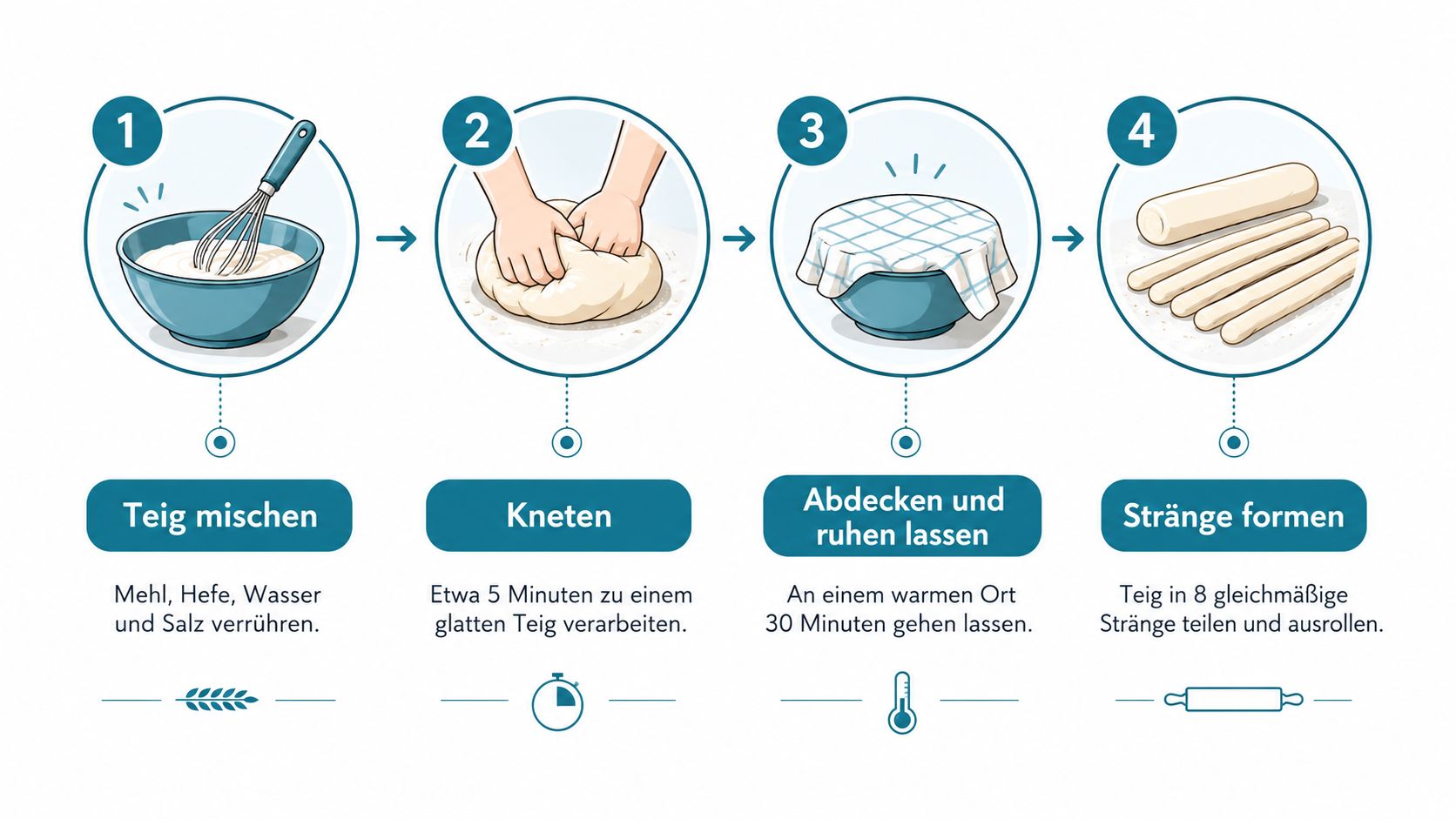 Eine Schritt-für-Schritt-Anleitung zur Zubereitung von Stockbrot mit vier illustrierten Phasen vom Mischen bis zum Formen.