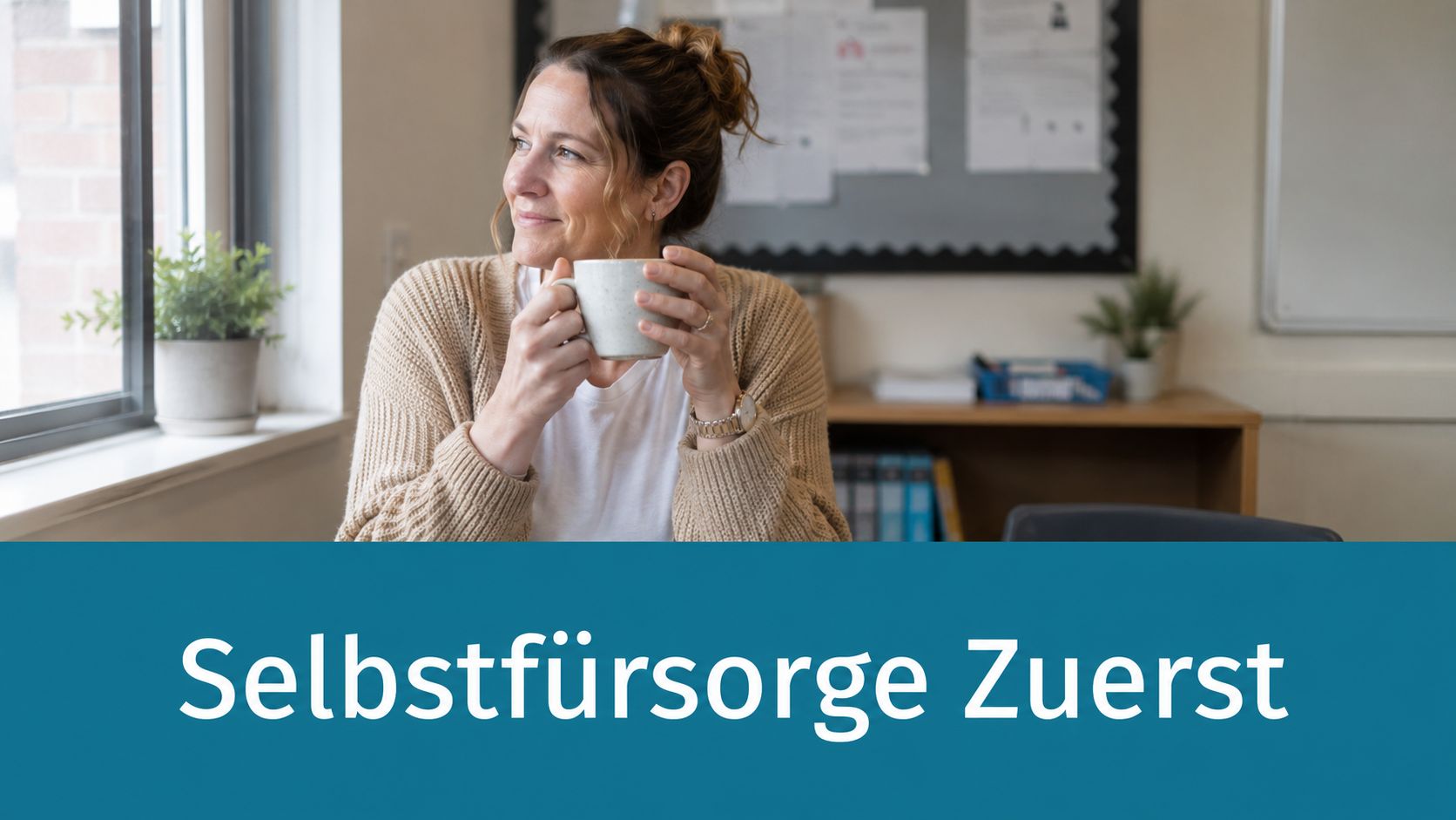 Eine Frau hält eine Kaffeetasse in den Händen und blickt entspannt aus einem hellen Bürofenster heraus.