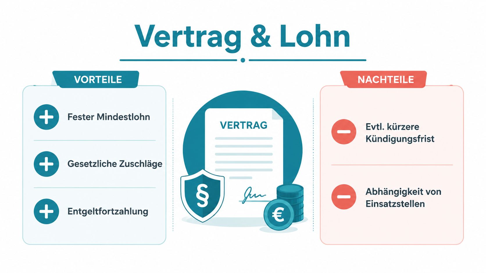 Eine Infografik mit den Vor- und Nachteilen von Zeitarbeitsverträgen in der Pflege mit Fokus auf Gehalt und Recht.
