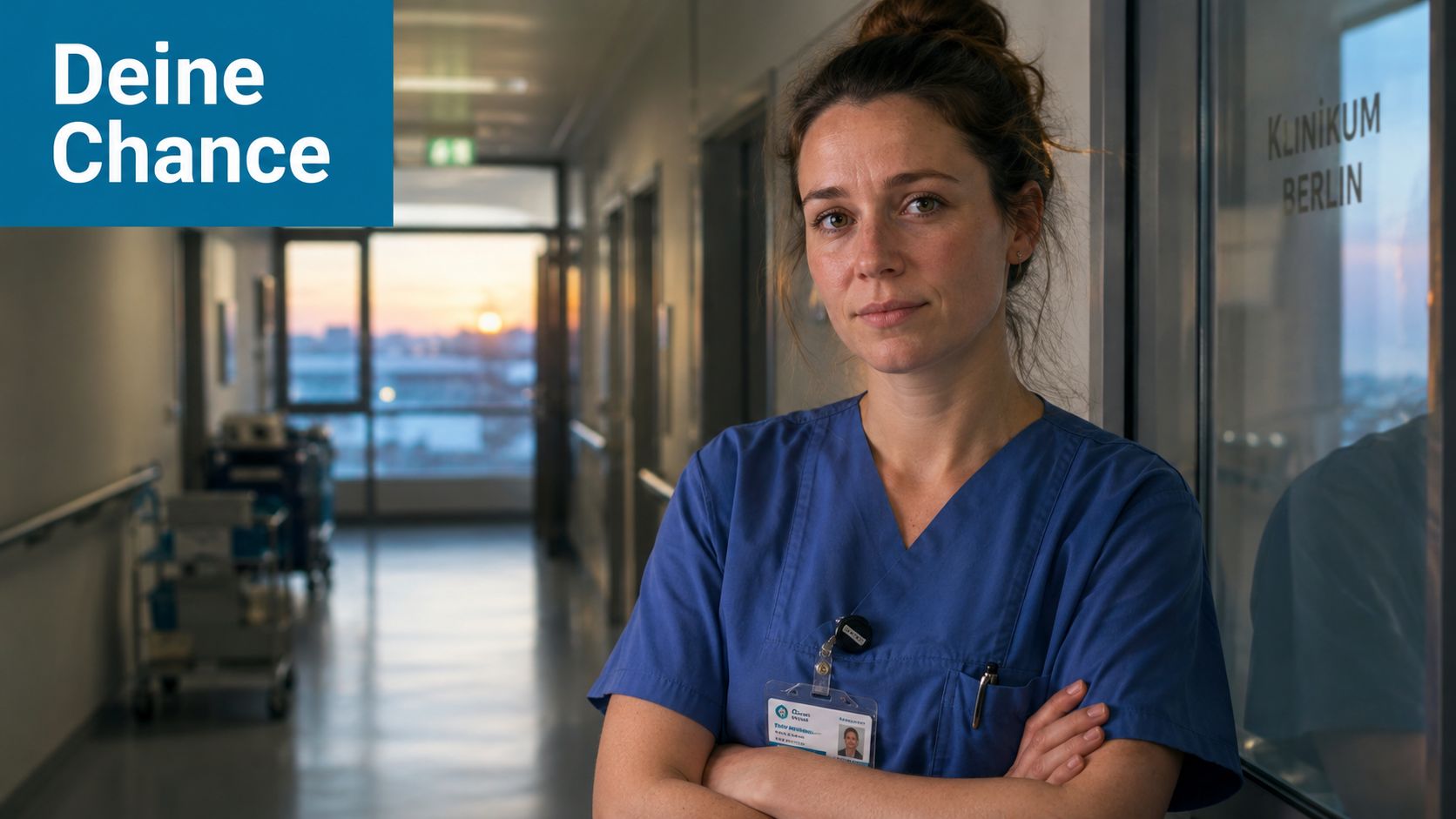 Eine junge Krankenschwester in blauer Arbeitskleidung steht nachdenklich auf einem Krankenhausflur im Klinikum Berlin.