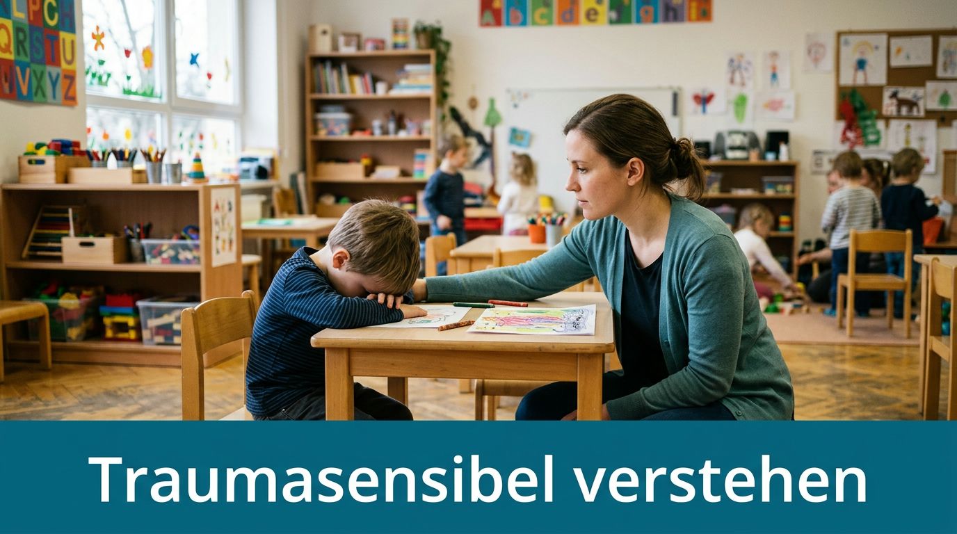 Eine Lehrerin tröstet ein weinendes Kind an einem kleinen Holztisch in einem freundlich gestalteten Kindergarten.