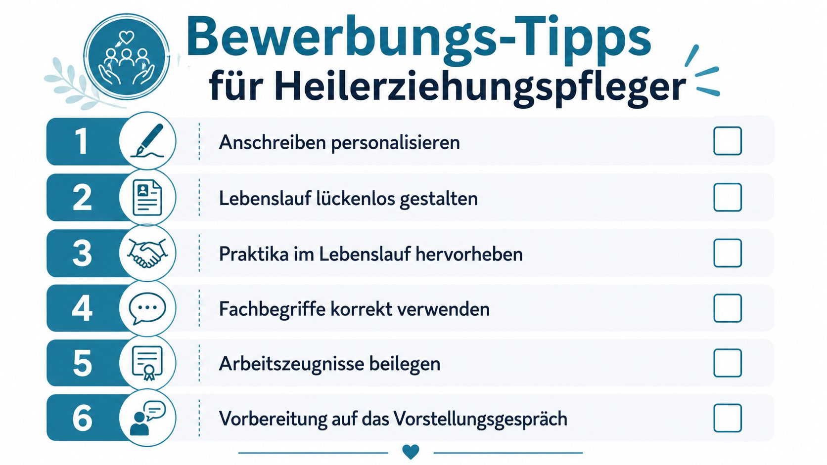 Eine Checkliste mit sechs Tipps zur Bewerbung für den Beruf des Heilerziehungspflegers mit hilfreichen Hinweisen für Interessierte.