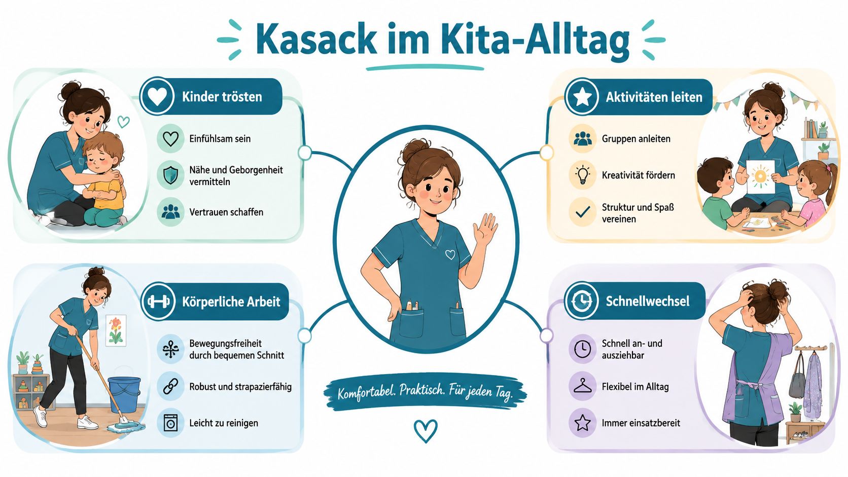 Eine Infografik erklärt die Vorteile eines Kasacks für Erzieherinnen und Betreuer im täglichen Kita-Alltag.
