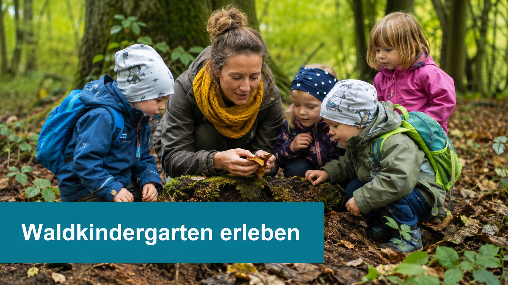 Eine Kinderpflegerin beobachtet gemeinsam mit einer kleinen Gruppe von Kindern einen Baumstamm im herbstlichen Wald.