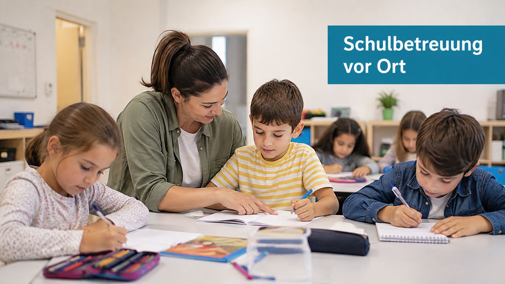 Eine Kinderpflegerin unterstützt Kinder bei ihren Hausaufgaben in einem hellen Klassenzimmer während der schulischen Nachmittagsbetreuung.