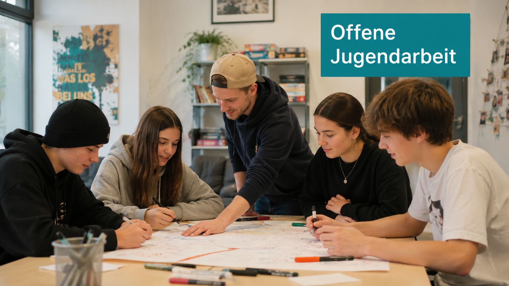 Ein junger Mann leitet eine Gruppe von Jugendlichen bei einem kreativen Workshop in einer Jugendeinrichtung an.