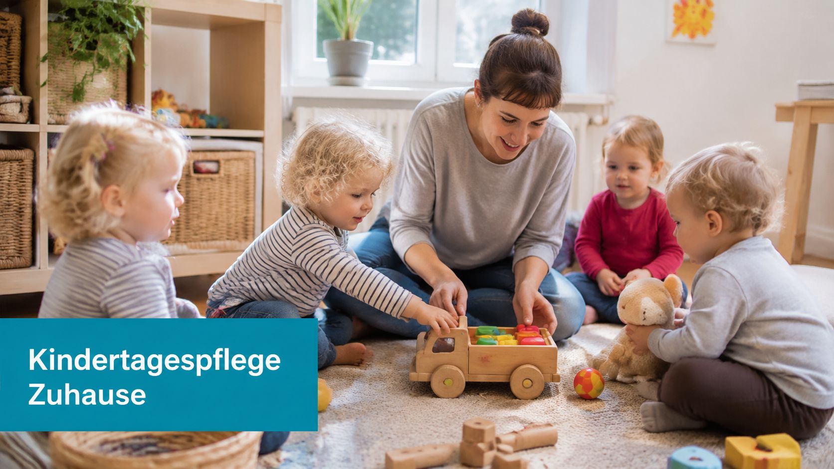 Eine freundliche Erzieherin spielt gemeinsam mit vier kleinen Kindern in einem hellen und gemütlichen Wohnraum mit Holzspielzeug.