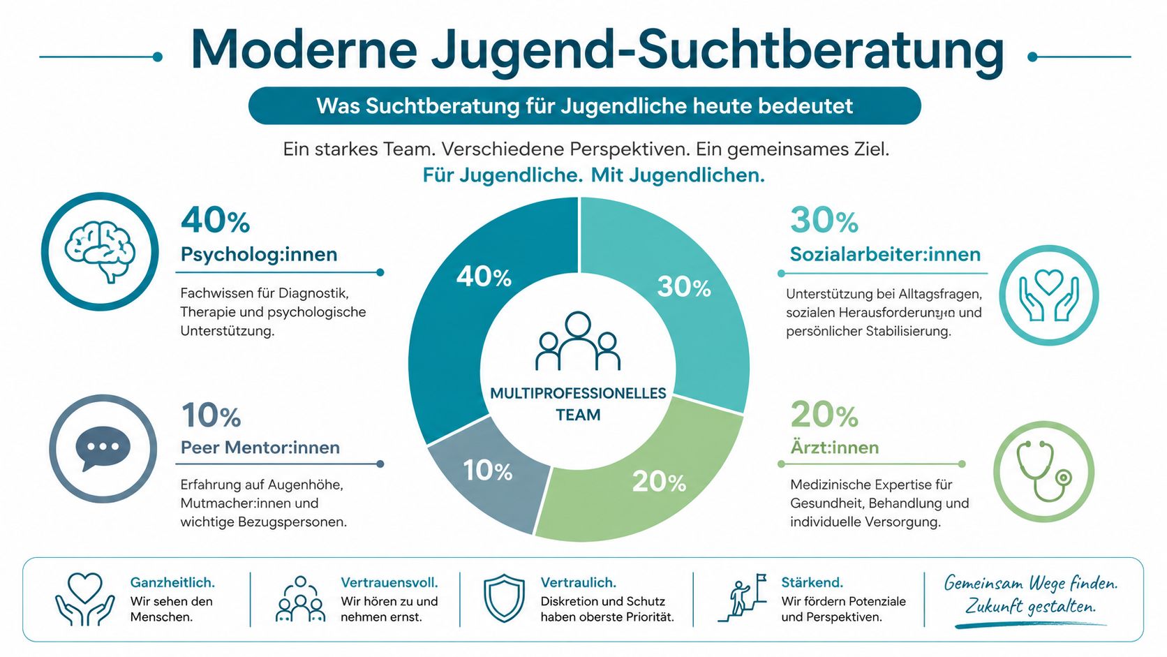 Infografik zur modernen Suchtberatung für Jugendliche mit einem multiprofessionellen Team aus Psychologen, Sozialarbeitern, Ärzten und Peer-Mentoren.
