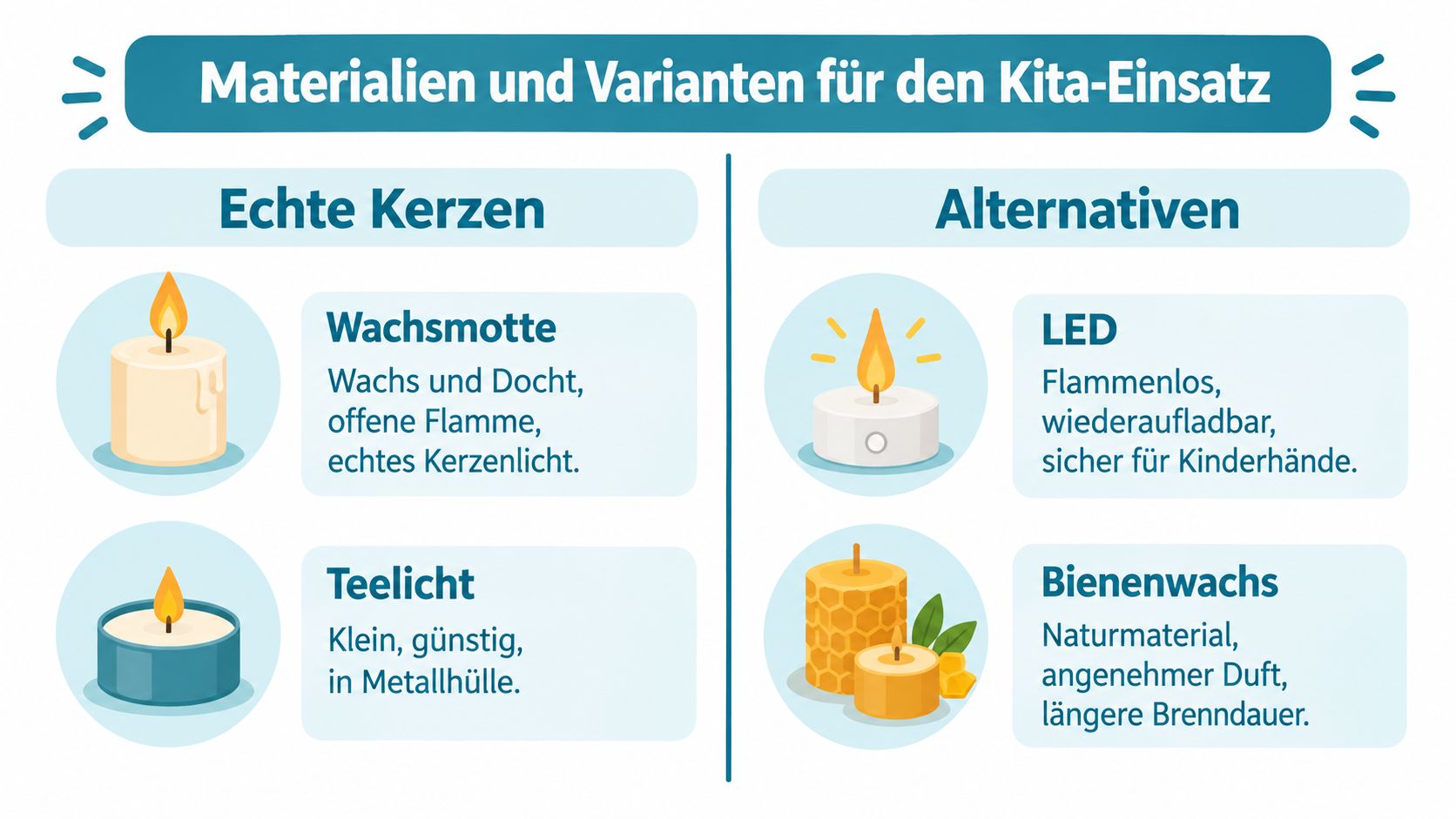 Eine Infografik mit dem Titel Materialien und Varianten für den Kita-Einsatz zeigt Optionen für echte Kerzen und Alternativen.