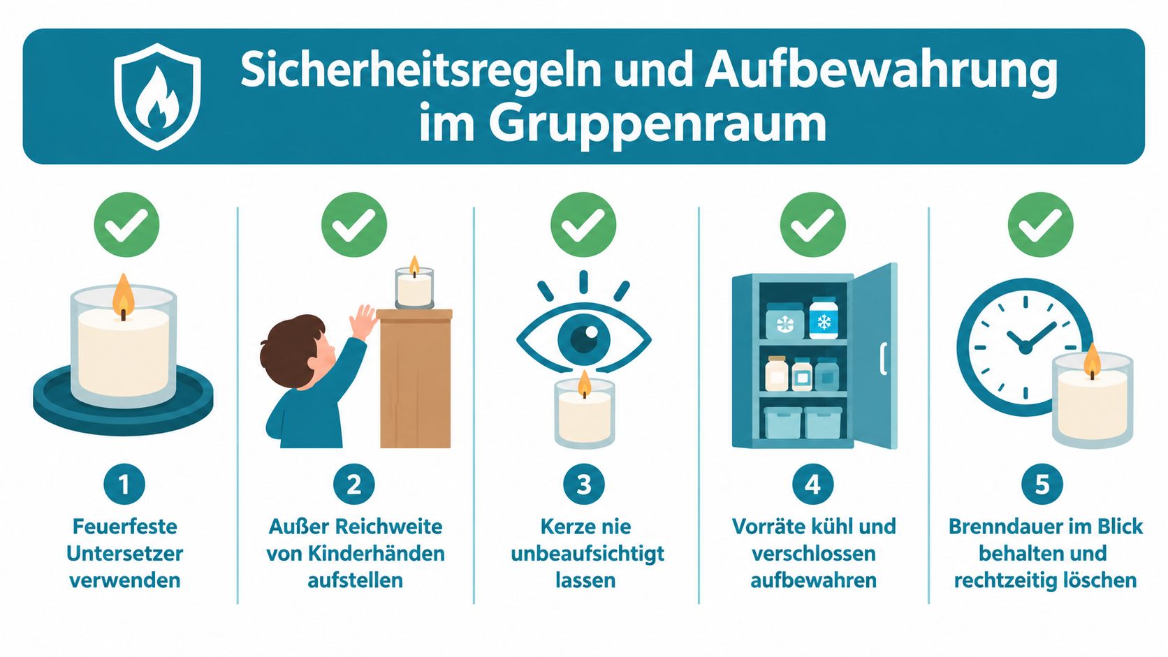 Eine Infografik mit fünf Sicherheitsregeln für den richtigen Umgang mit Kerzen im Gruppenraum von Kindergärten oder Schulen.