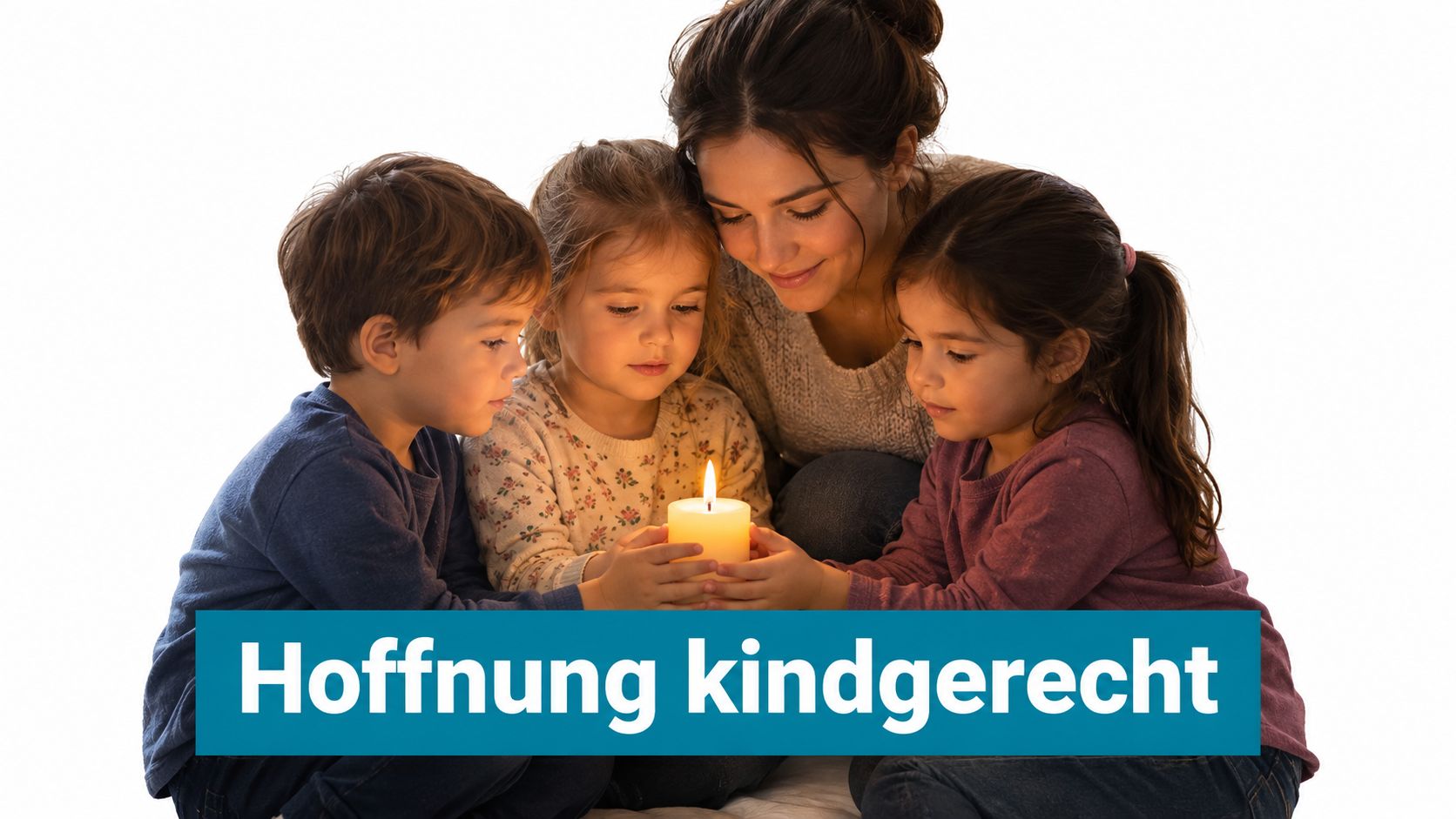 Eine Mutter und drei Kinder betrachten gemeinsam bei Kerzenschein eine leuchtende Kerze in einer friedlichen Atmosphäre.