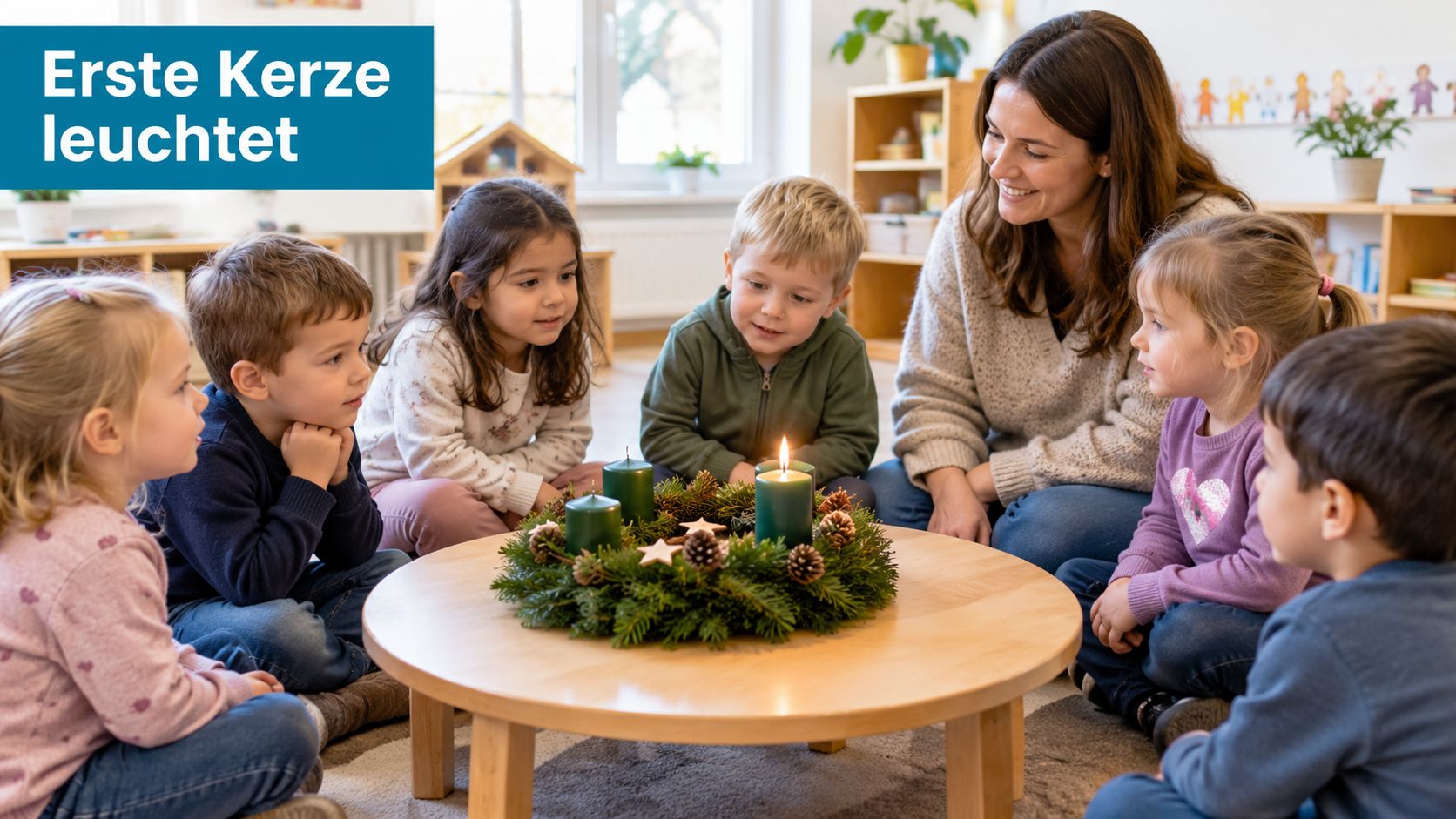 Eine Kindergruppe mit ihrer Erzieherin sitzt um einen Adventskranz, bei dem die erste Kerze feierlich brennt.