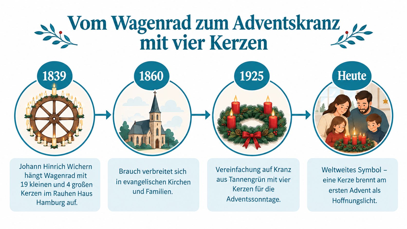Eine Infografik zeigt die geschichtliche Entwicklung des Adventskranzes vom Wagenrad bis zum modernen Kranz mit vier Kerzen.