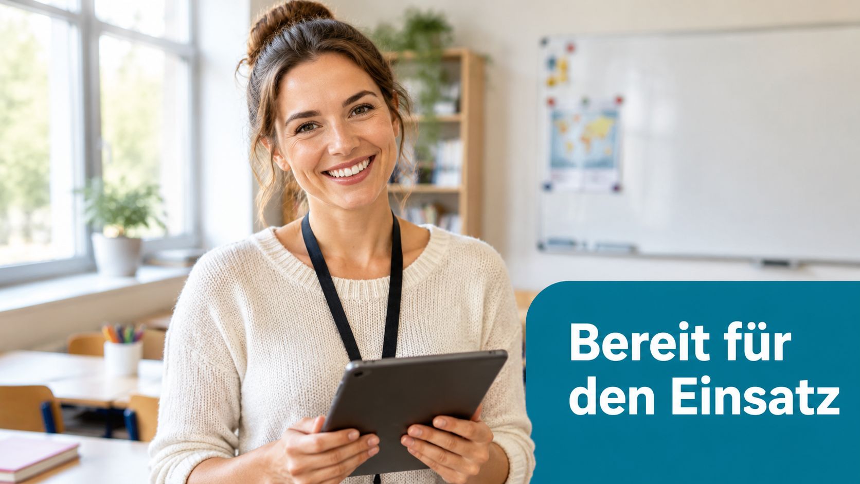 Eine lächelnde Lehrerin hält ein Tablet in einem hellen Klassenzimmer und ist bereit für den digitalen Unterricht.