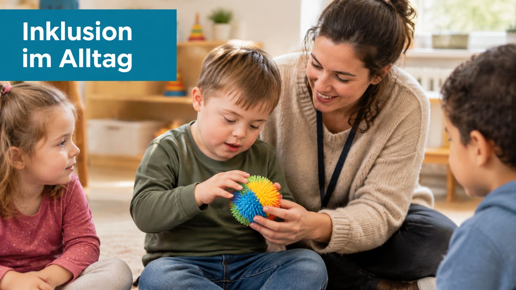 Eine Erzieherin spielt mit Kindern in einem Kindergarten und fördert dabei die inklusive Betreuung im Alltag.