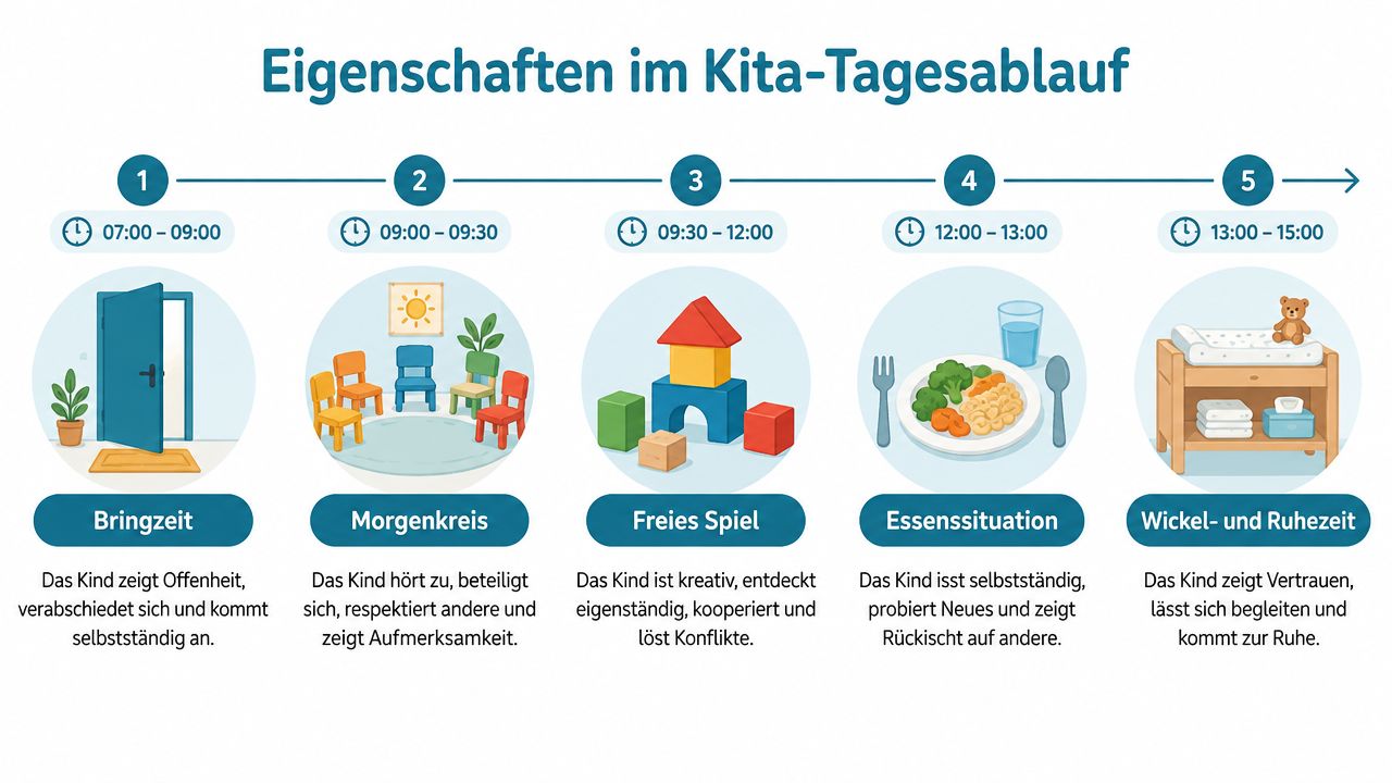 Eine Infografik zeigt fünf Phasen im Tagesablauf einer Kita mit entsprechenden pädagogischen Entwicklungszielen für Kinder.