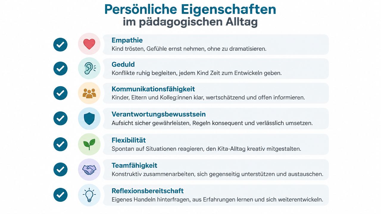 Übersicht der wesentlichen persönlichen Eigenschaften für pädagogische Fachkräfte im Kita-Alltag mit Symbolen und erklärenden Texten.