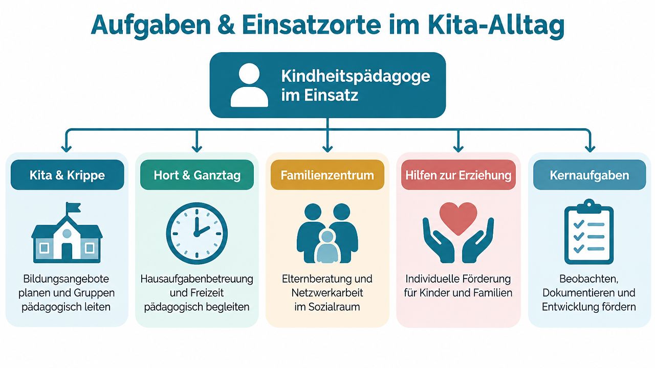 Übersichtsgrafik der vielfältigen Aufgaben und Einsatzgebiete von Kindheitspädagogen im Bereich der Kindertagesbetreuung und sozialen Arbeit.