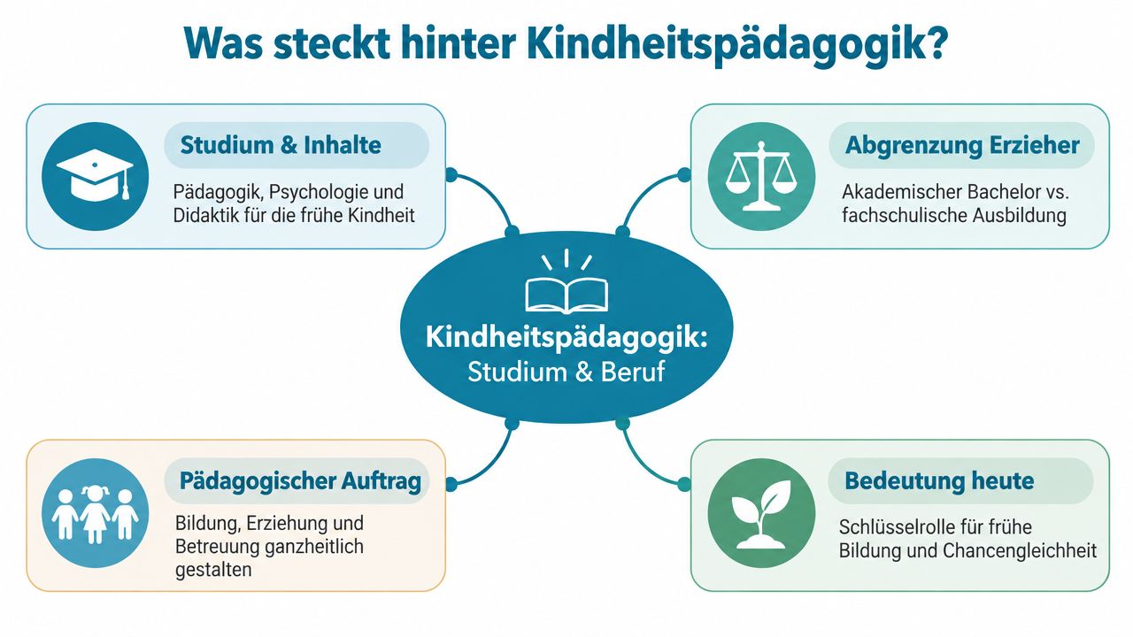 Übersichtsgrafik über die Inhalte, die Abgrenzung zum Erzieherberuf und die Bedeutung der akademischen Kindheitspädagogik im Studium.