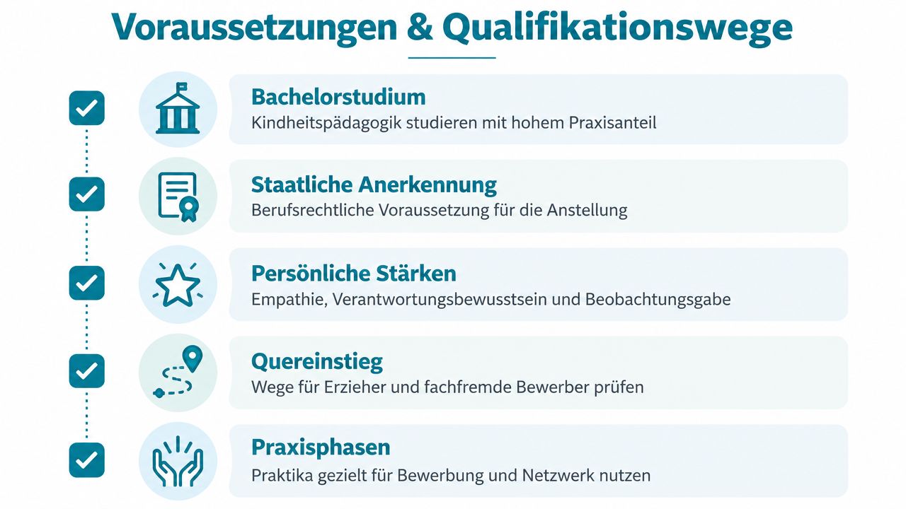 Grafik zeigt die Voraussetzungen und Qualifikationswege für den Beruf des Kindheitspädagogen in fünf übersichtlichen Schritten.