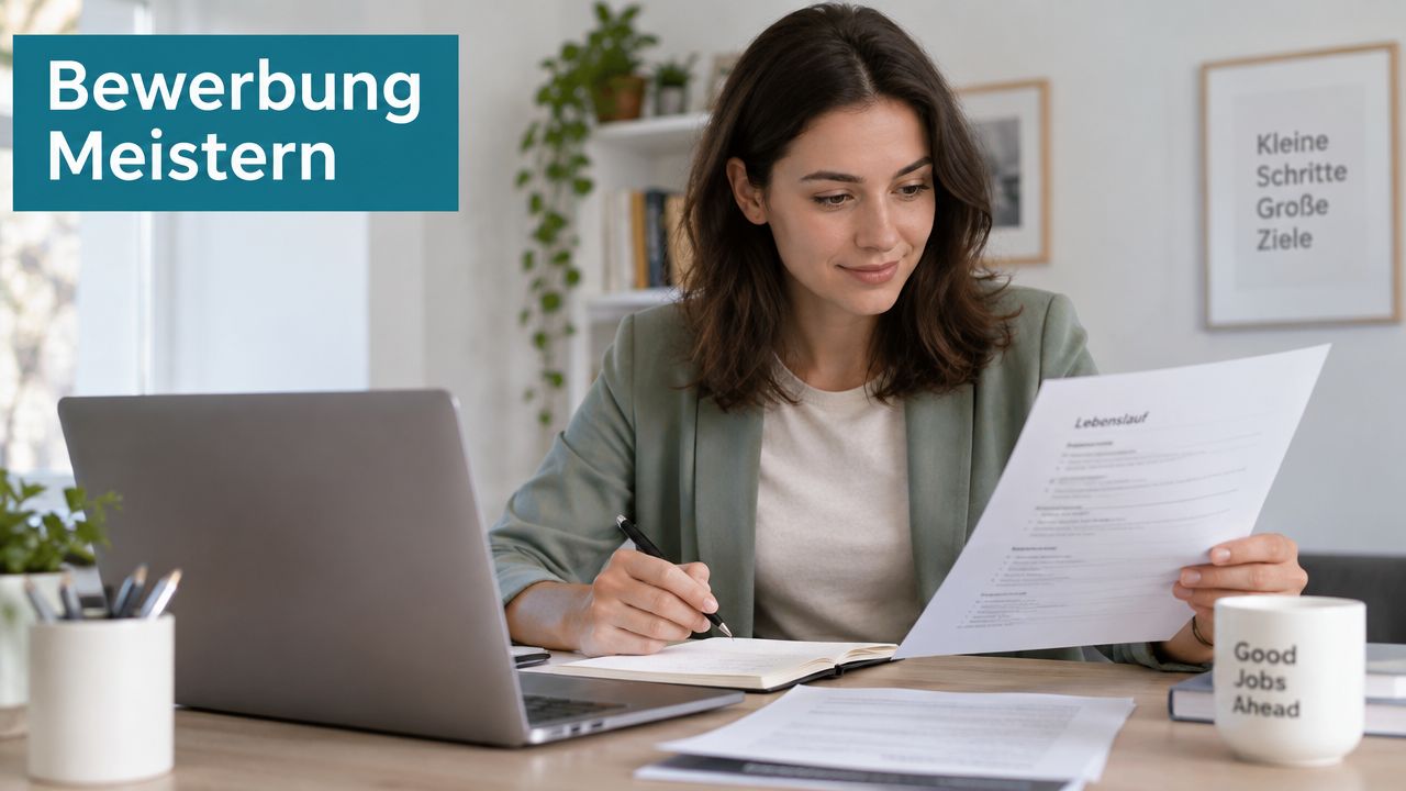 Eine Frau arbeitet konzentriert an ihrem Schreibtisch mit einem Lebenslauf, einem Laptop und Notizbuch.