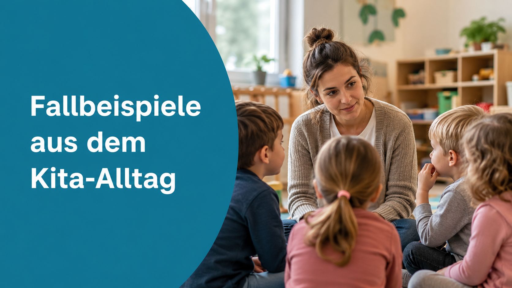 Eine Erzieherin sitzt im Kreis mit vier Kindern in einer Kita und führt ein gemeinsames Gespräch.