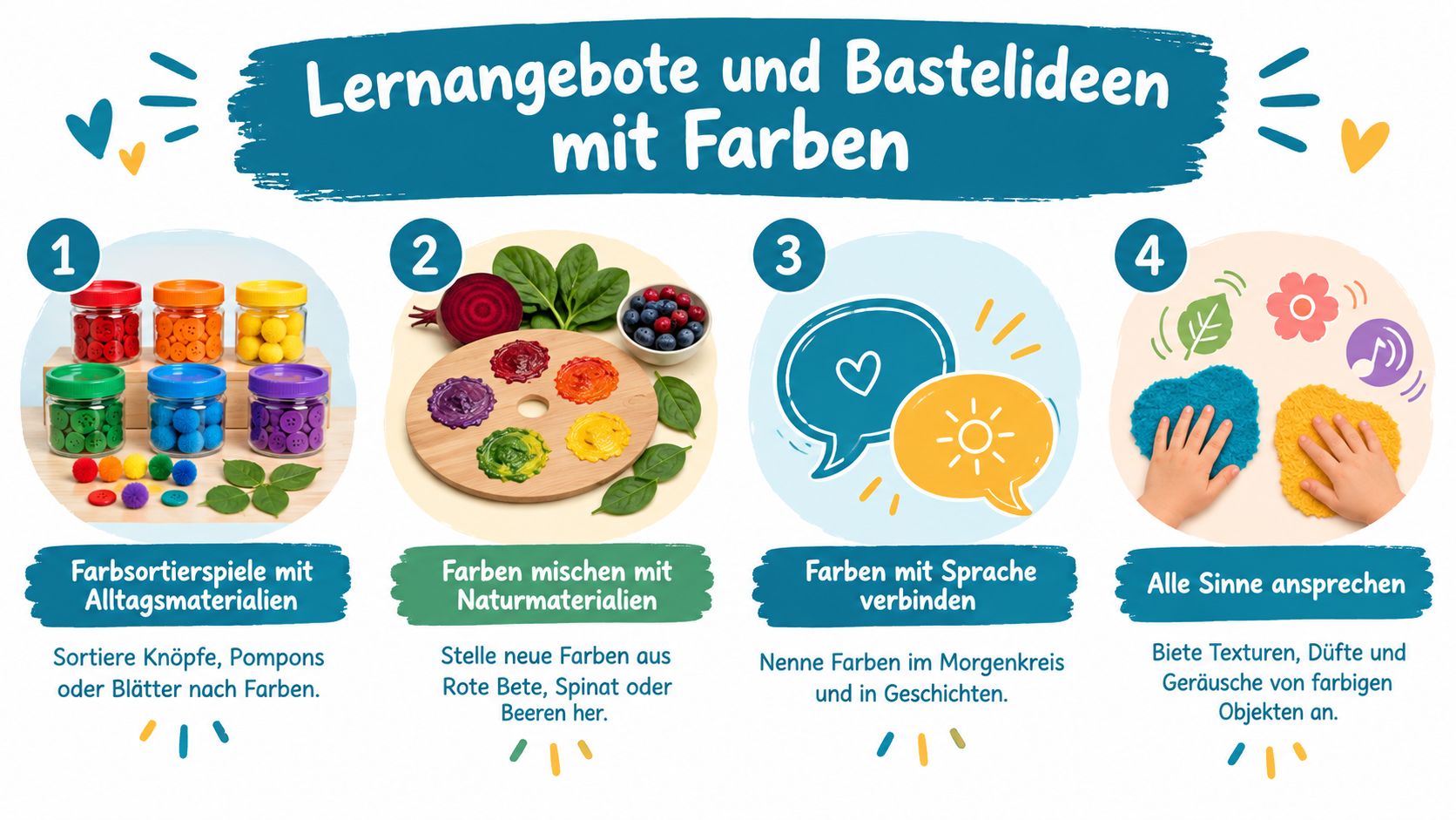 Eine Übersicht mit vier kreativen Lern- und Bastelangeboten rund um das Thema Farben für den Kindergarten.