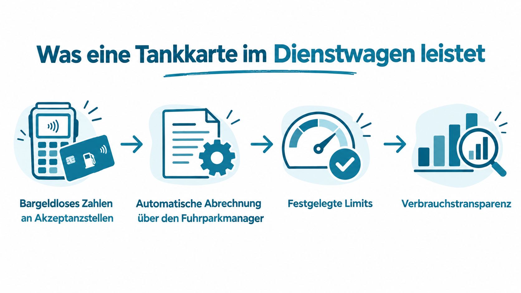 Eine Infografik zeigt die vier Hauptvorteile einer Tankkarte für Dienstwagen in vier einfachen Schritten erklärt.