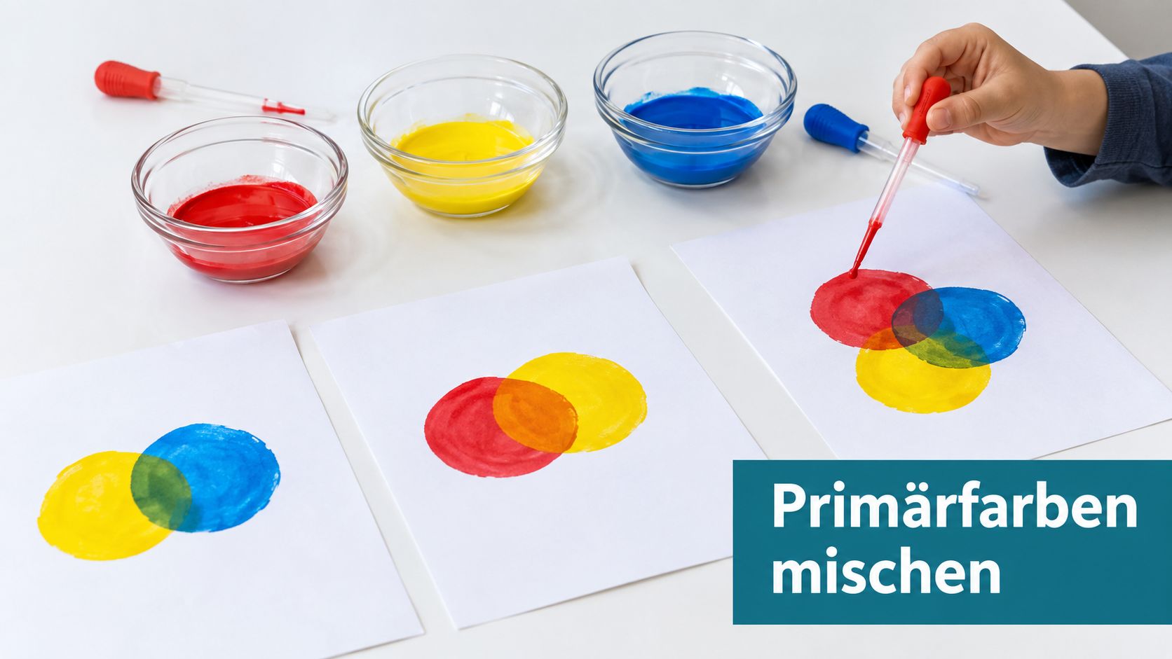 Ein Kind mischt Primärfarben mit Pipetten auf weißem Papier für ein kreatives Lernprojekt zu Hause.
