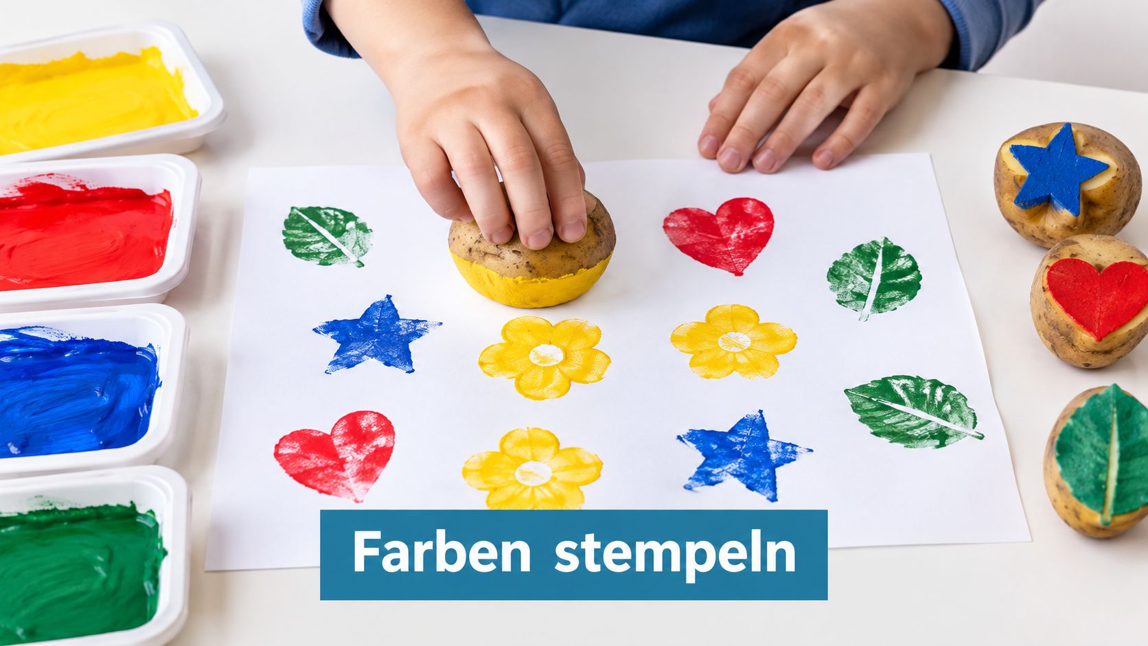 Ein Kind bedruckt ein Blatt Papier mit verschiedenen Kartoffelstempeln und bunter Farbe für kreatives Basteln zu Hause.