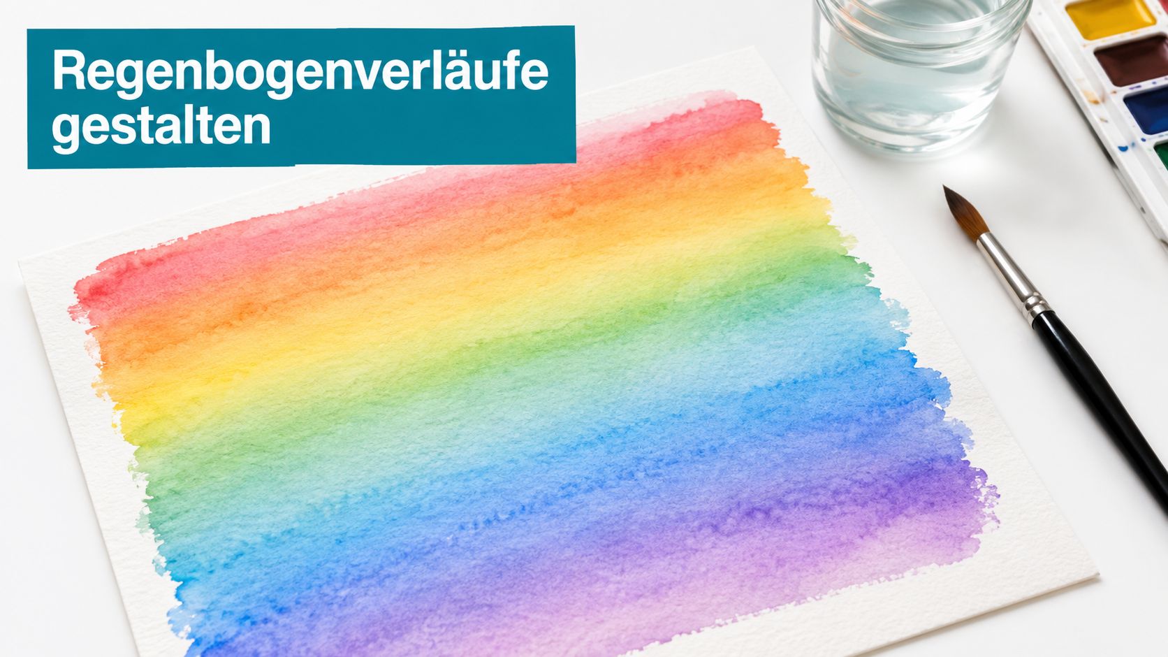 Ein mit Aquarellfarben gemalter Regenbogenverlauf auf weißem Papier neben einem Pinsel und einem Glas Wasser.