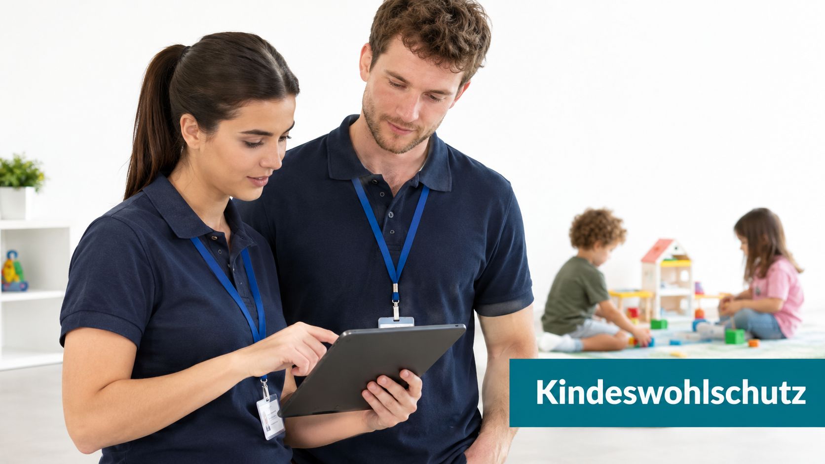 Zwei pädagogische Fachkräfte im Kita-Alltag betrachten gemeinsam Informationen auf einem digitalen Tablet zur Unterstützung des Kindeswohls.
