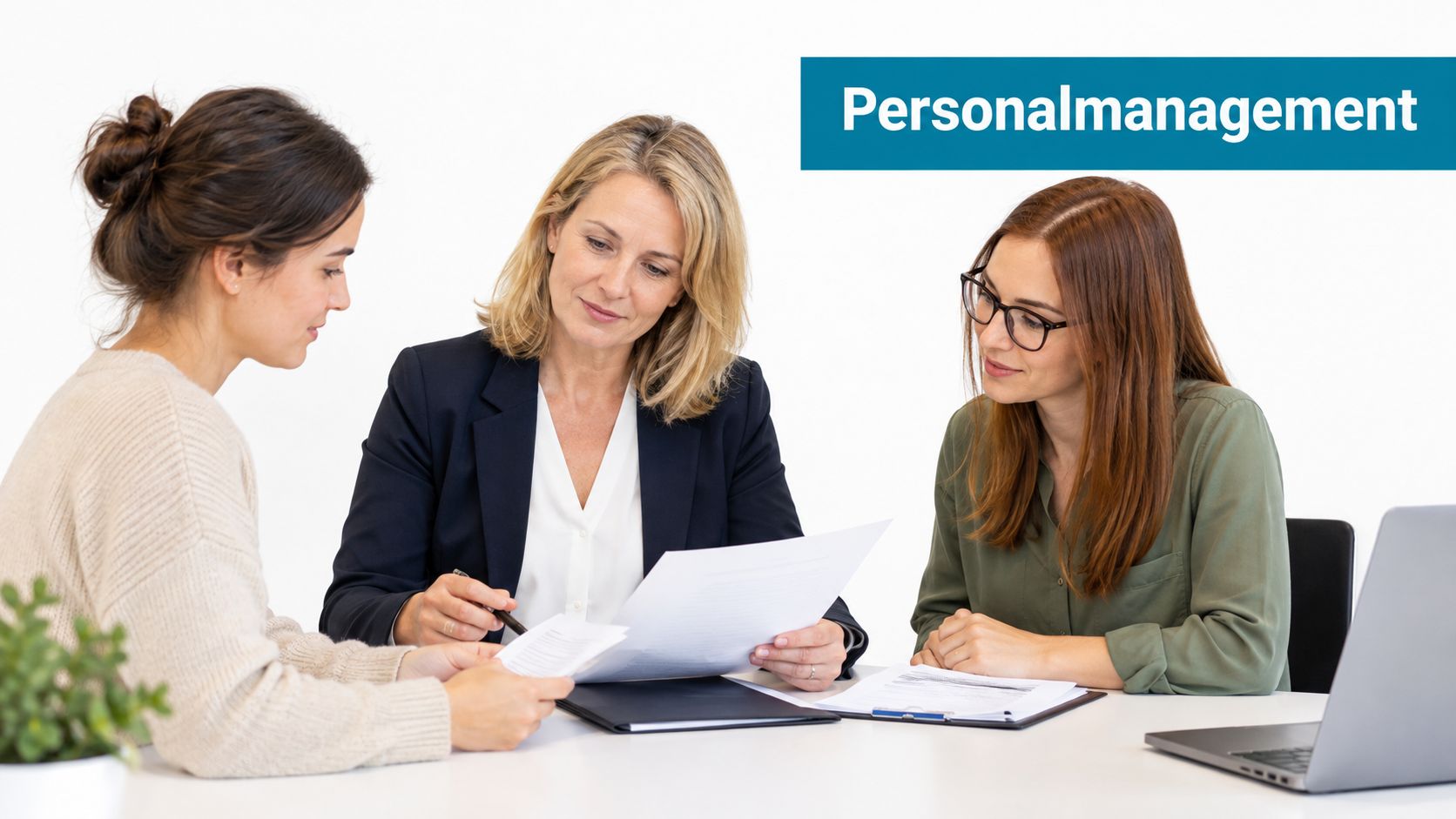 Drei Frauen in einem professionellen Bürogespräch besprechen gemeinsam wichtige Unterlagen an einem hellen Schreibtisch.