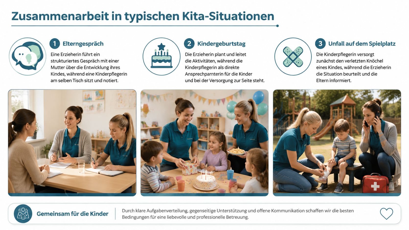 Infografik zeigt die Zusammenarbeit zwischen Erzieherin und Kinderpflegerin in verschiedenen Kita-Situationen wie Elterngesprächen und Notfällen.