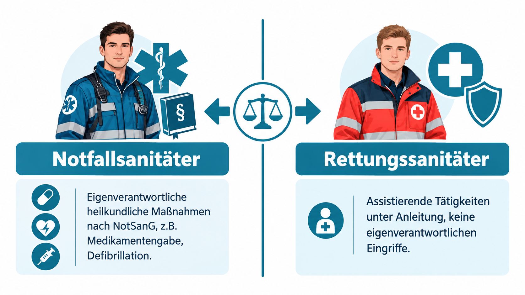 Vergleichsgrafik zwischen den Berufen Notfallsanitäter und Rettungssanitäter mit Erläuterung der jeweiligen Aufgabenbereiche und rechtlichen Verantwortlichkeiten.