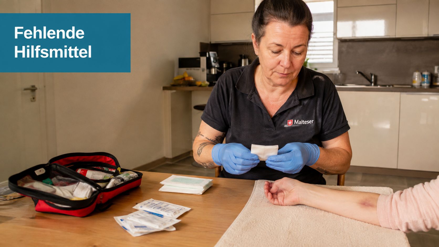 Eine Malteser-Pflegekraft bereitet medizinische Versorgungsmaterialien auf einem Tisch für die Betreuung eines Patienten vor.