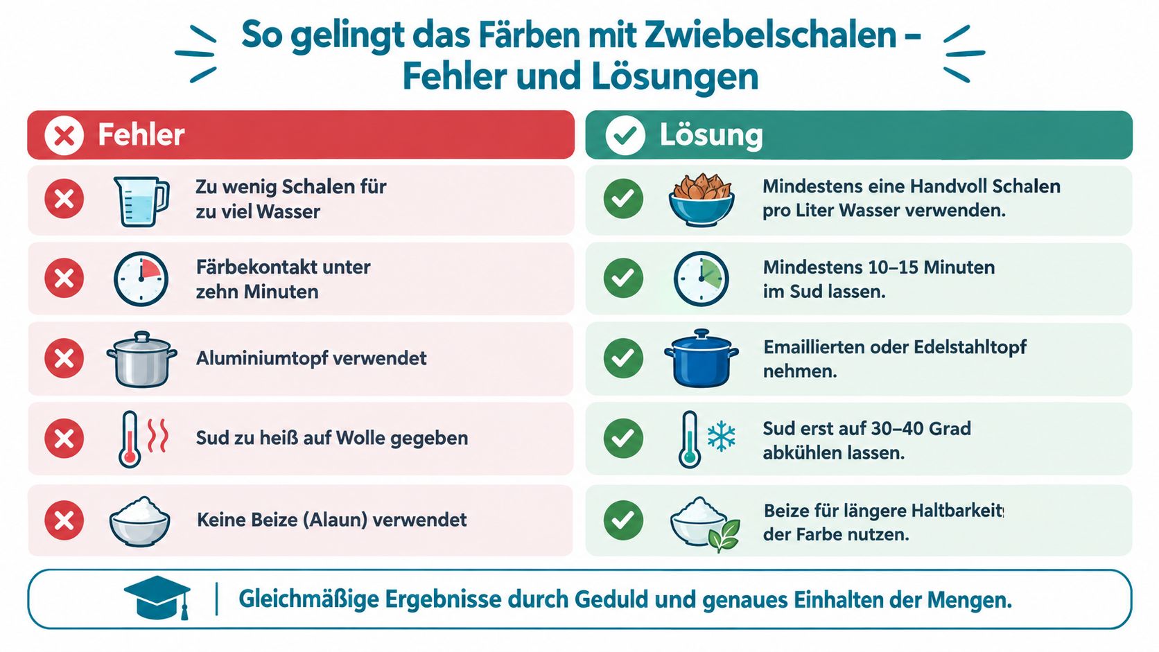 Eine Übersichtstabelle mit Fehlern und Lösungen beim Färben von Eiern oder Wolle mit Zwiebelschalen.