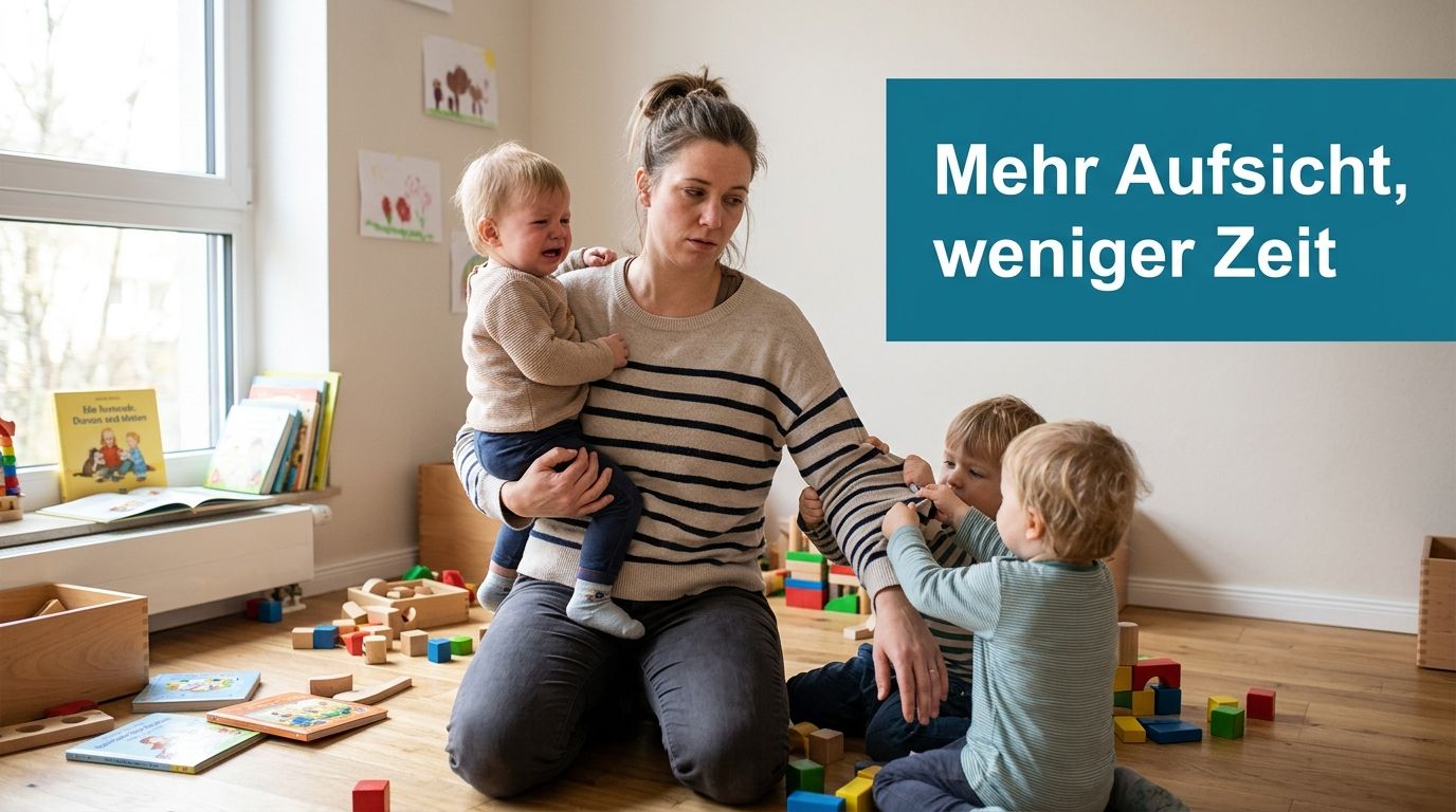 Eine überforderte Erzieherin mit drei kleinen Kindern in einem Spielzimmer, begleitet vom Text Mehr Aufsicht, weniger Zeit.