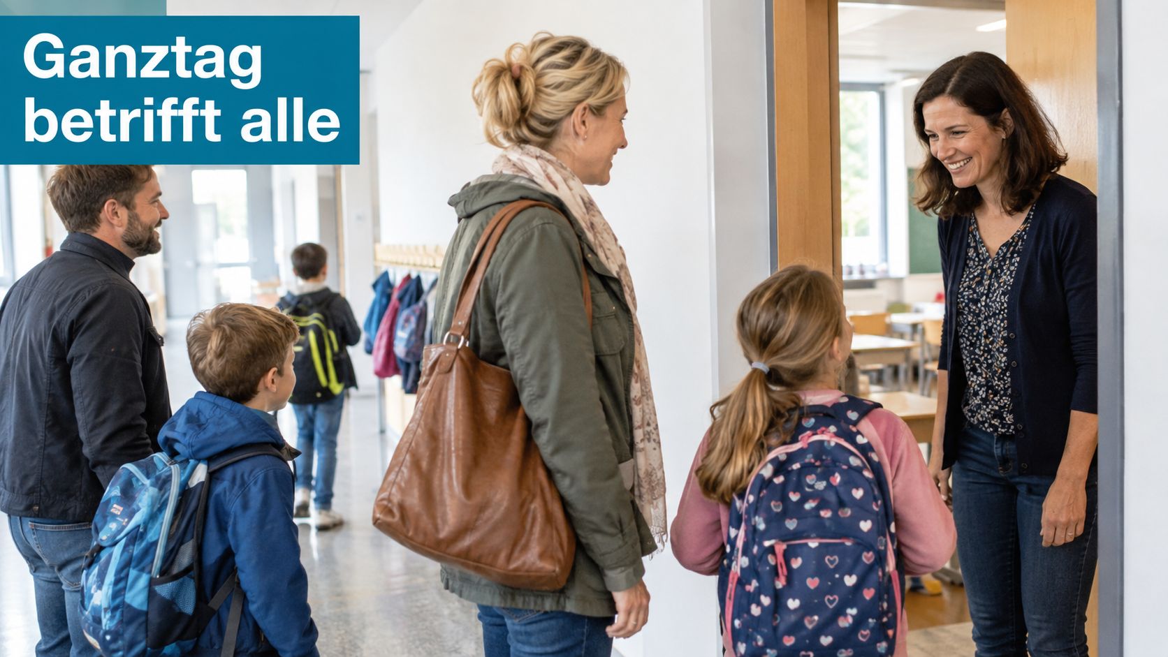 Eine Mutter und eine Lehrerin unterhalten sich vor einem Klassenzimmer, während die Kinder mit ihren Rucksäcken warten.