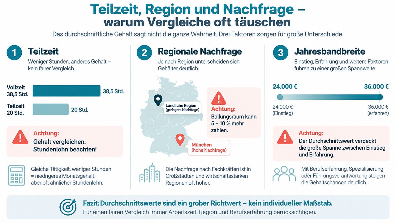 Infografik über Faktoren, die Gehaltsvergleiche beeinflussen, wie Arbeitszeit, regionale Nachfrage und die Spanne zwischen Einstiegs- und Erfahrungsgehältern.