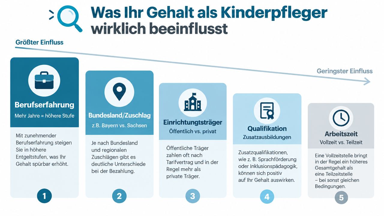 Infografik über die Faktoren, die das Gehalt von Kinderpflegern in Deutschland beeinflussen, von Berufserfahrung bis zur Arbeitszeit.