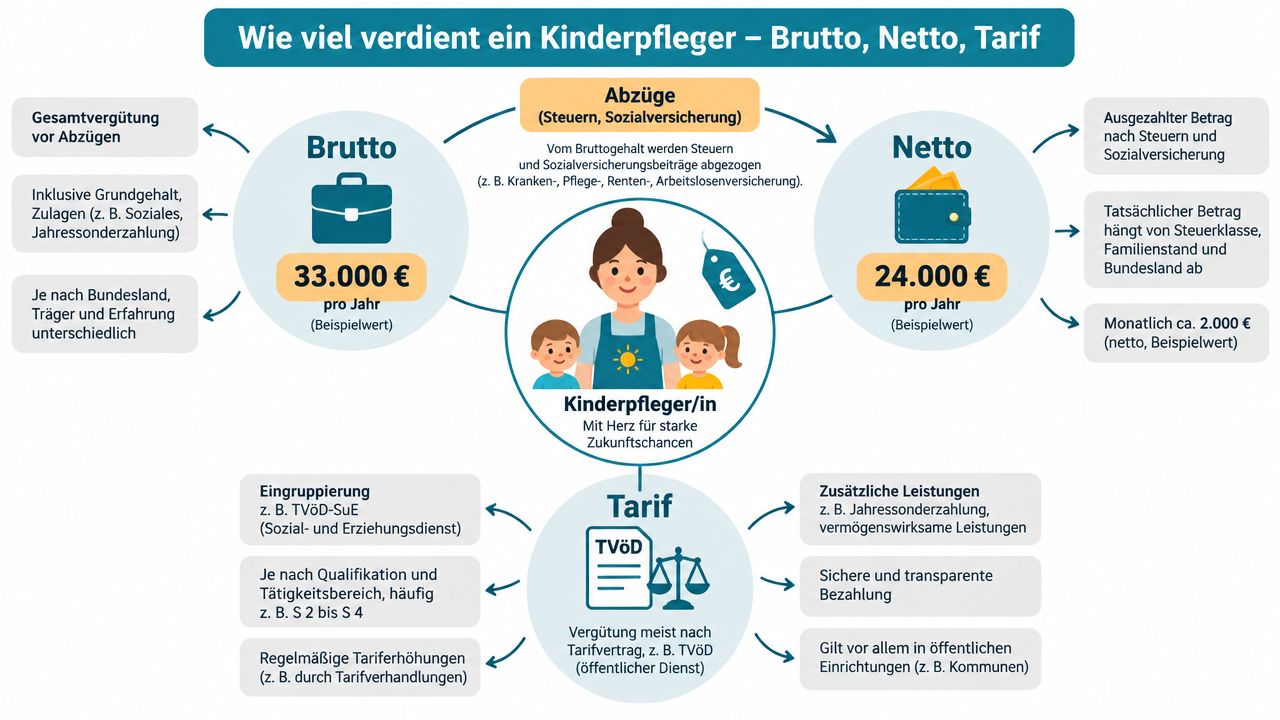 Eine Infografik erklärt die Brutto- und Netto-Gehaltsstruktur sowie tarifliche Vergütungsmodelle für den Beruf des Kinderpflegers in Deutschland.