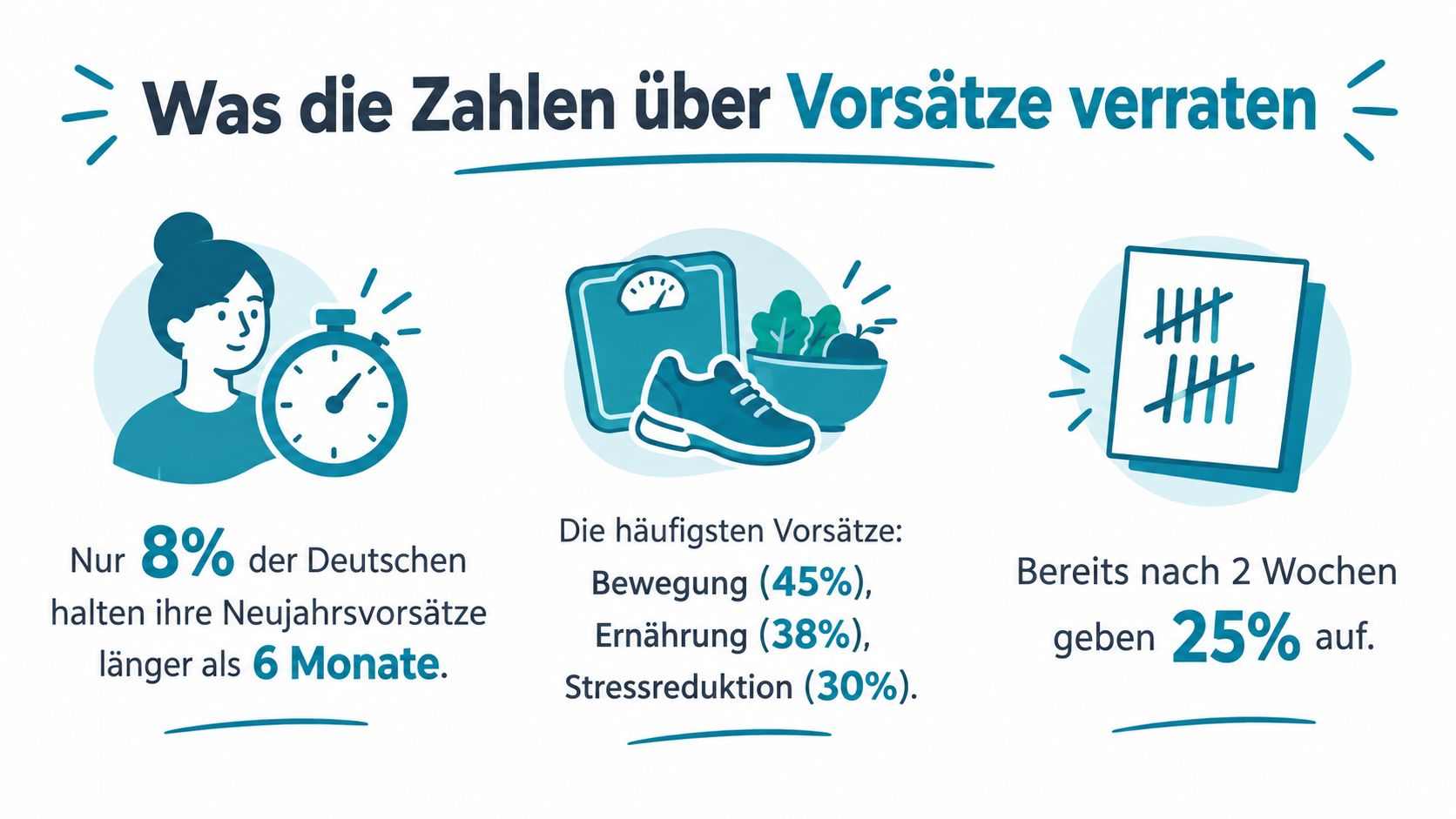Eine Infografik mit Statistiken über Neujahrsvorsätze, ihre Erfolgsquoten und die häufigsten Ziele der Deutschen.