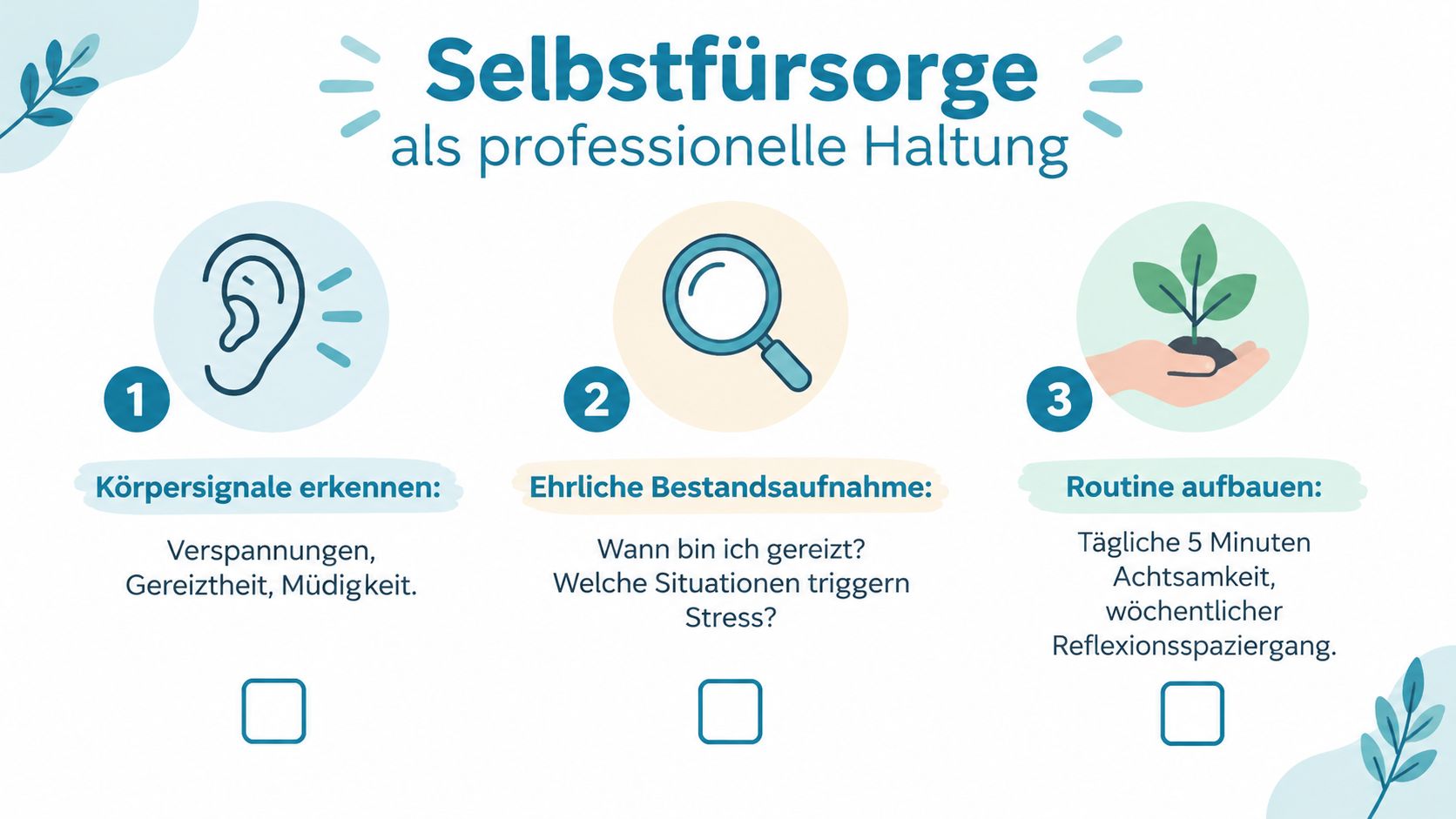 Eine Infografik über Selbstfürsorge als professionelle Haltung mit drei Schritten: Körpersignale erkennen, ehrliche Bestandsaufnahme und Routine aufbauen.