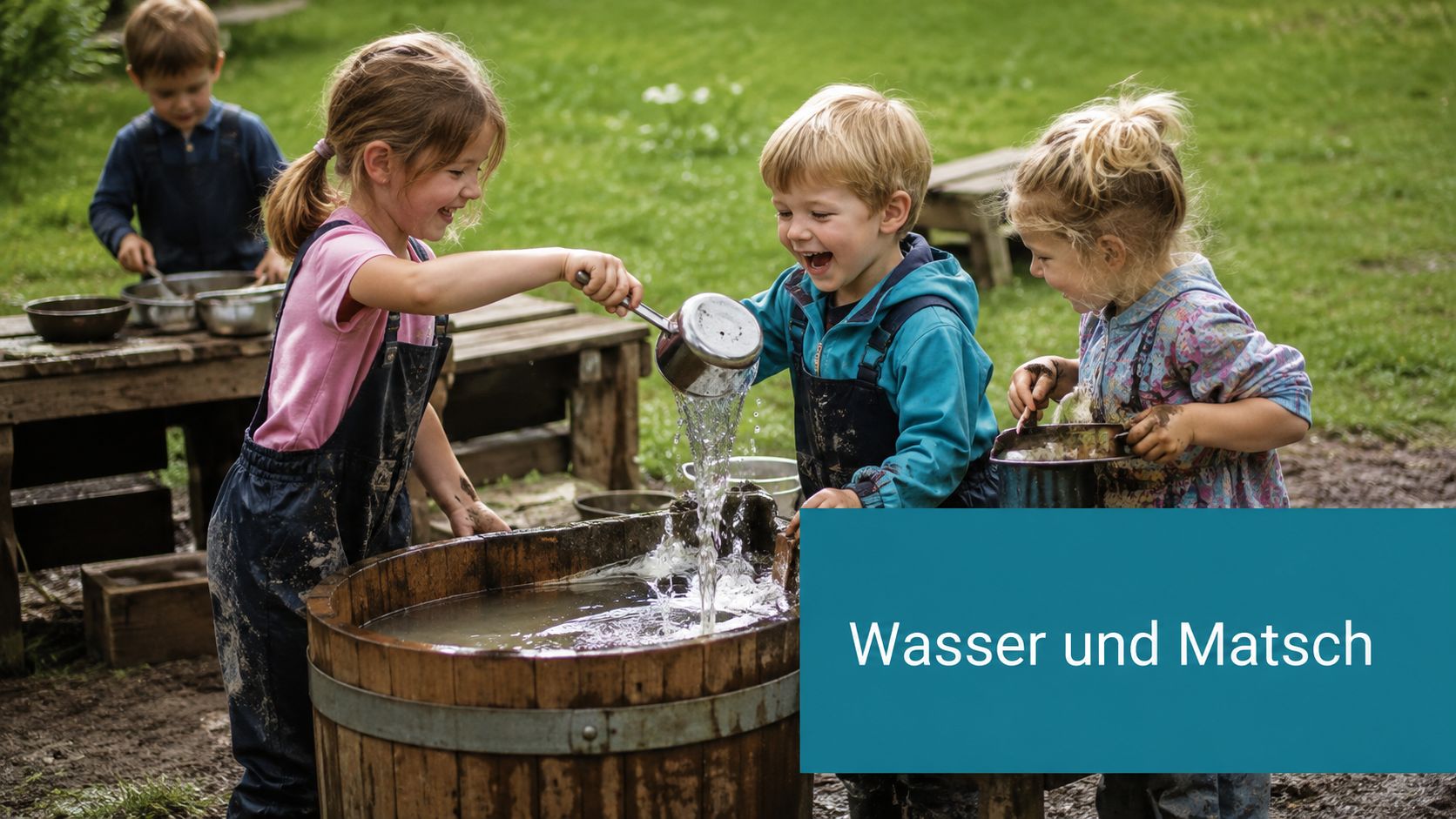 Vier fröhliche Kinder spielen im Freien in einem Kindergarten bei sommerlichem Wetter mit Wasser und Matsch.