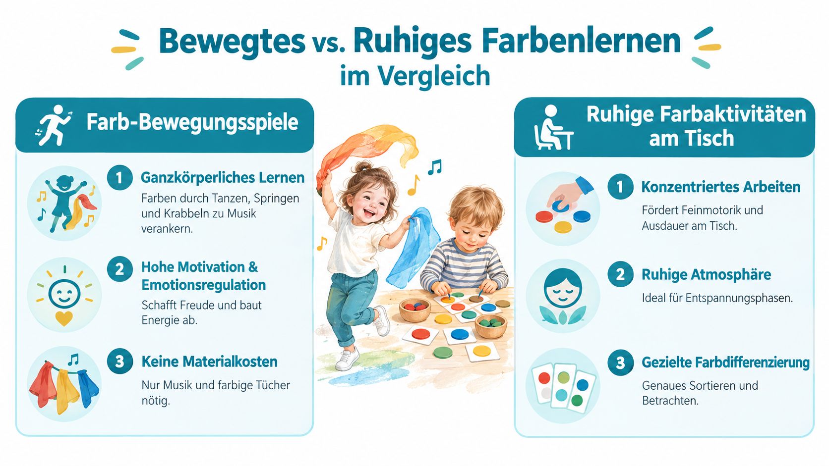 Vergleich zwischen bewegtem Farbenlernen durch Tanzen und ruhigen Farbaktivitäten am Tisch für Kinder in der Krippe.