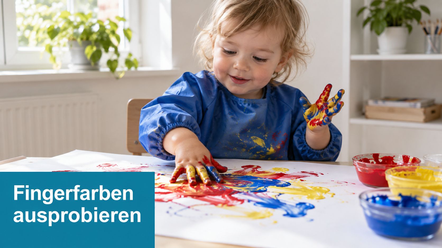 Ein kleines Kind mit einem blauen Malkittel spielt glücklich mit bunten Fingerfarben auf einem Blatt Papier.
