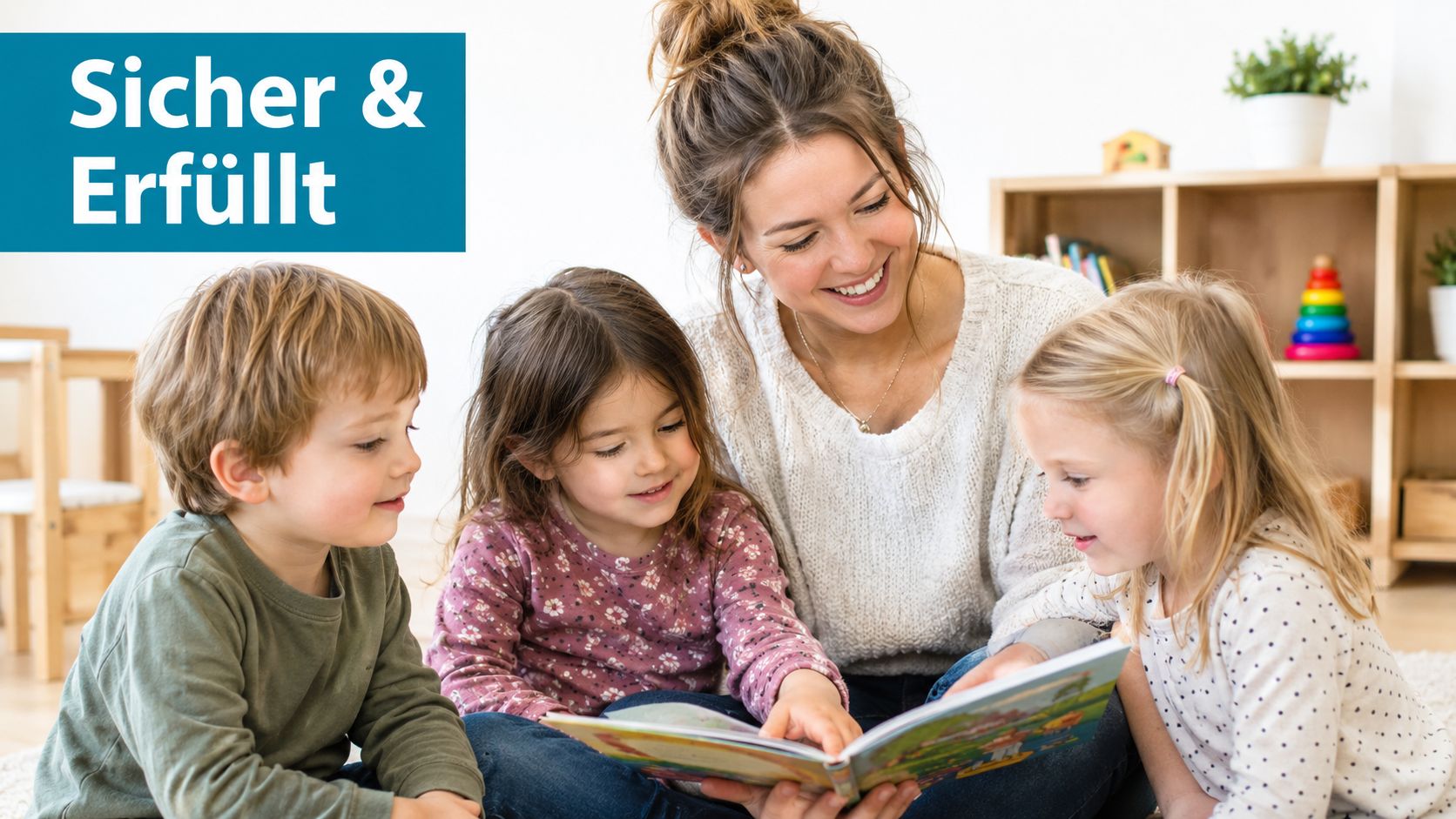 Eine freundliche Erzieherin liest in einem hellen Gruppenraum gemeinsam mit drei Kindern in einem Bilderbuch.