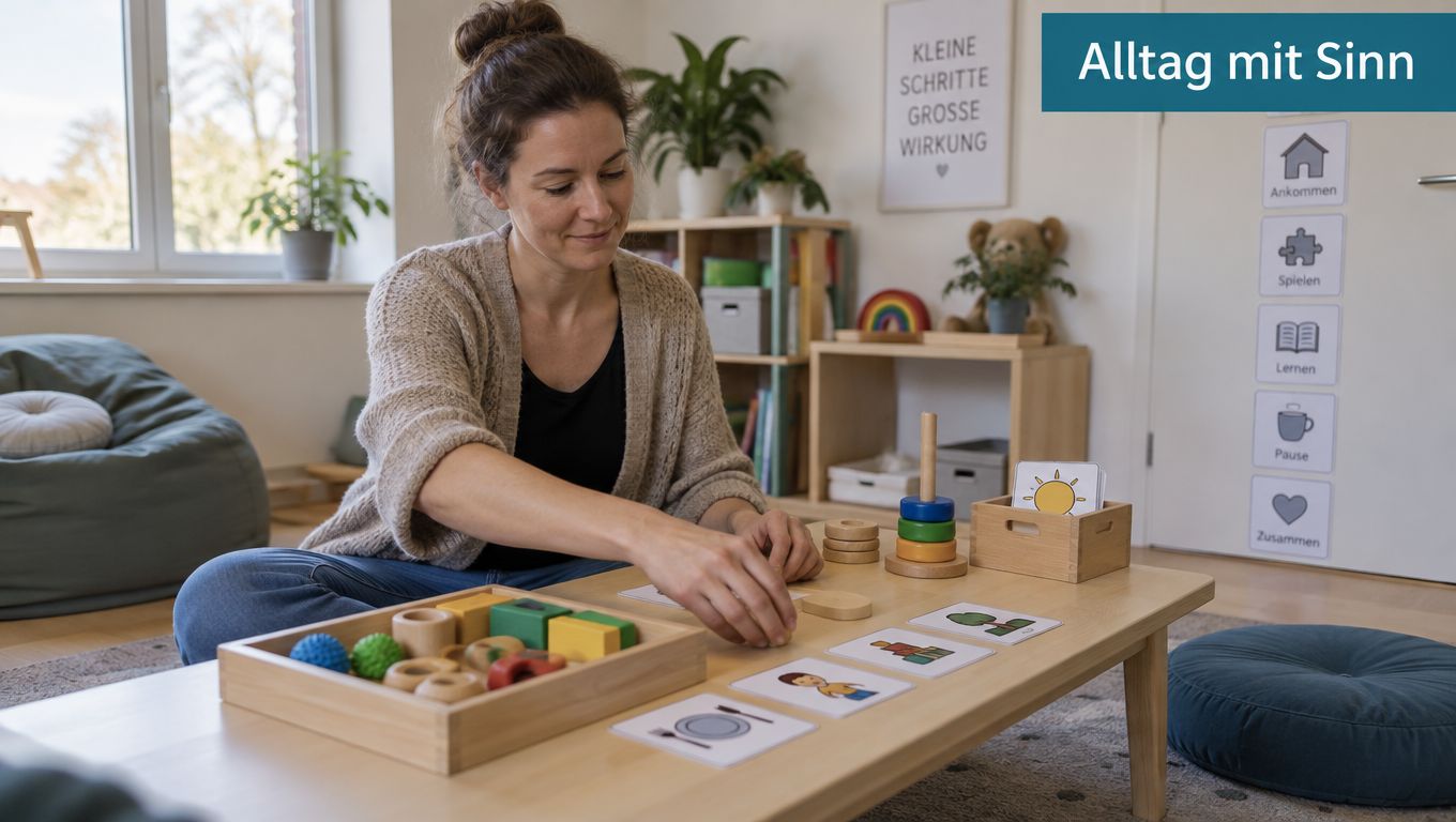 Eine Heilpädagogin sitzt bei der spielerischen Förderung eines Kindes mit Lernmaterialien an einem hölzernen Tisch.